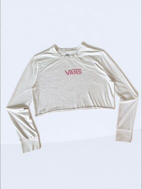 Vans Crop Top Long Sleeve Logo Tee White Pink Women's Small